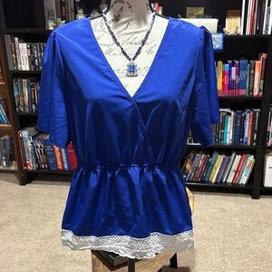 Elegant Blue Women's Top with Lace Trim